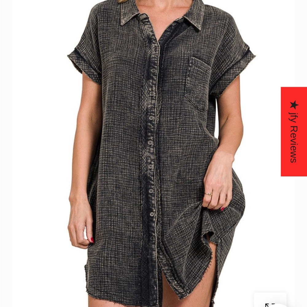 Zenana Outfitters Black Button-Up Dress gauze mineral washed L/XL EUC